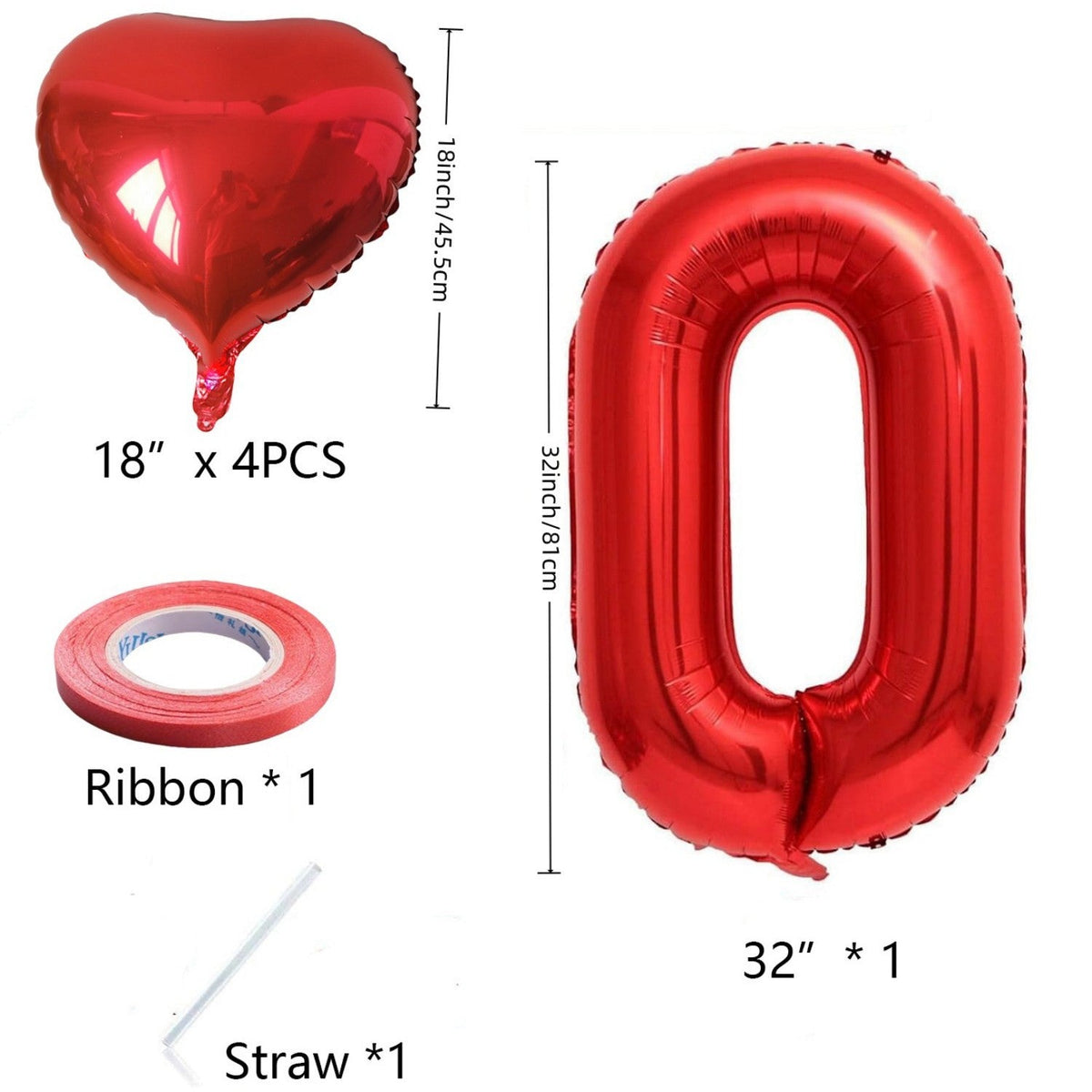 6Pcs/Set 32in Red Foil Number and 18in Heart Balloons Valentine's Day Birthday Christmas Party Decorations Anniversary Halloween