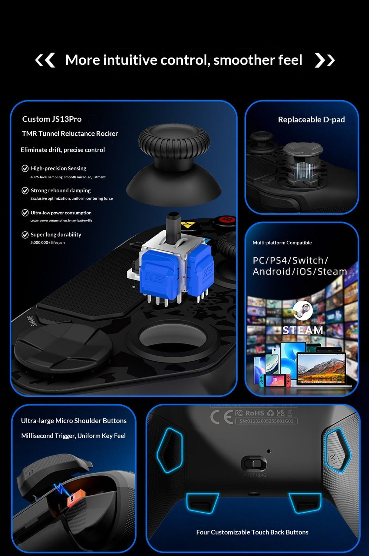 AceGamer D4 Wireless Gaming Controller Symmetric Bluetooth 2 4G Custom Js13pro Joystick for PS4/Pc/Steam/Switch2 Fps Gamers Gift