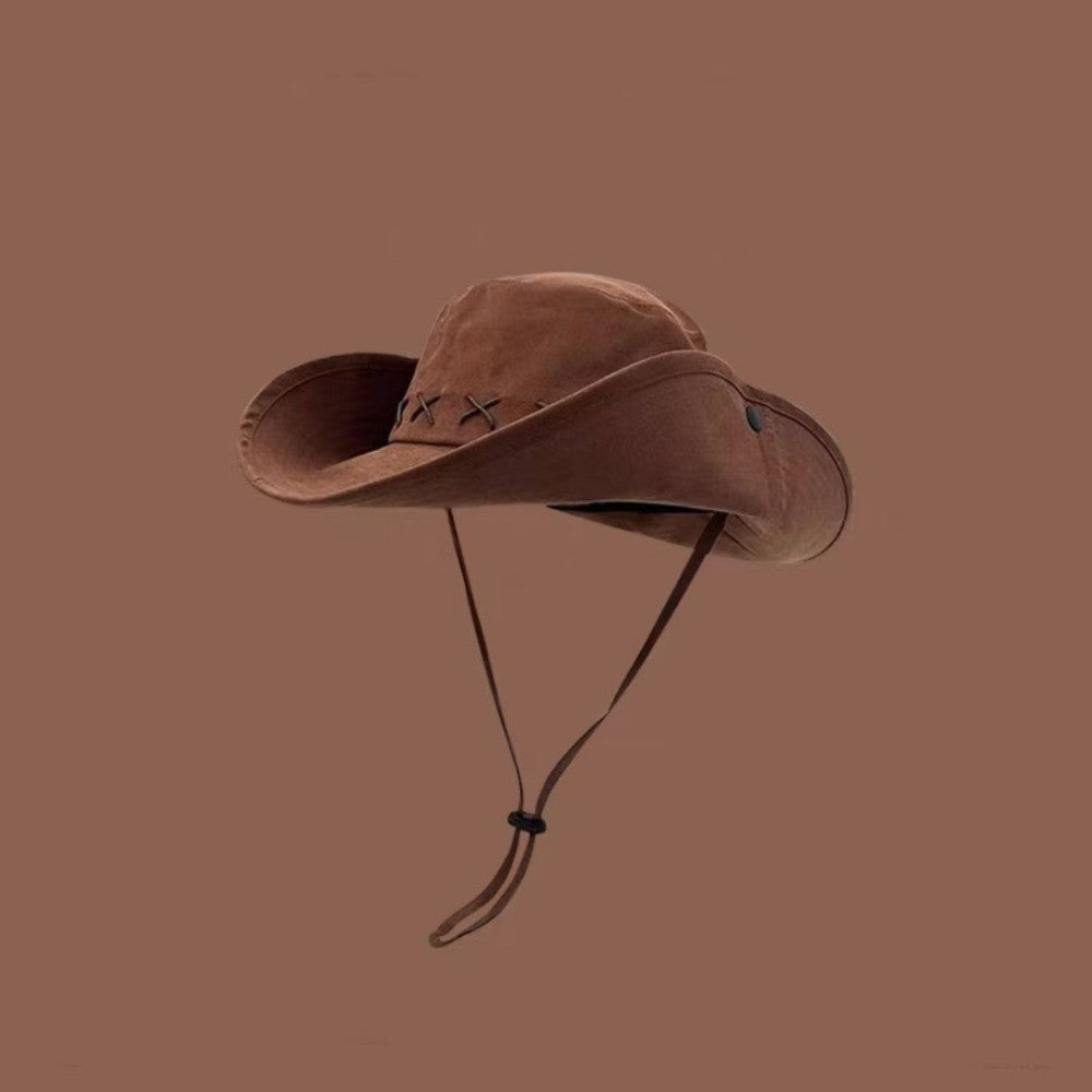 Breathable Western Cowboy Hat Adjustable Retro Wide Brim Sun Hat Mountaineering Anti UV Fisherman Sunshade Cap Unisex