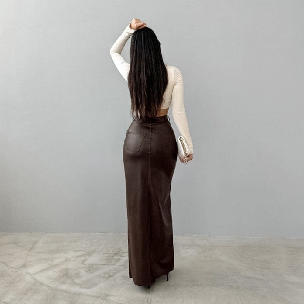 Women High Waist PU Leather Skirts Ladies Solid Slim Maxi Long Skirts