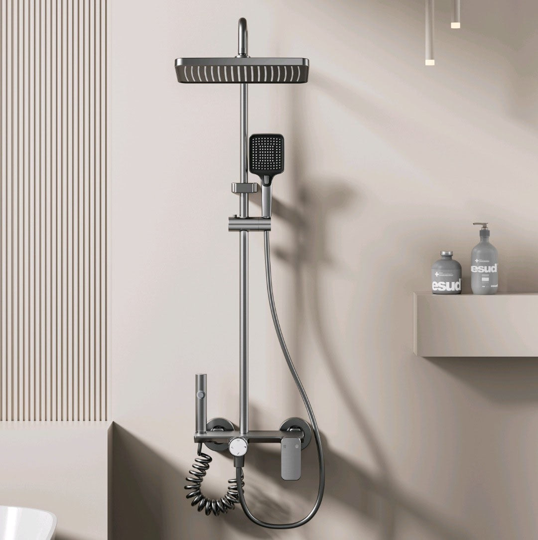 Multifunction Bathroom Shower System Set Hot and Cold Water Household Rotary Knob Pressurize Aluminum Gunmetal Gray Shower Set