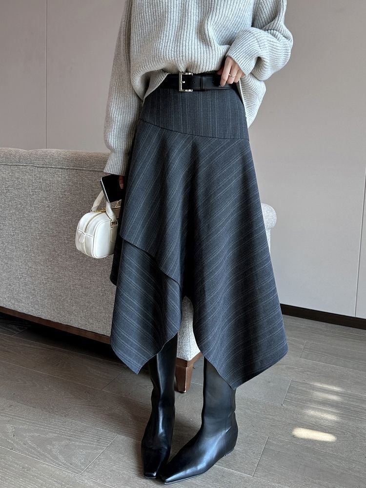 Women Clothing Autumn Winter Fashion Korean Striped A-line Skirt High Waist Female Versatile Appear Thin Irregular Soft Skirt