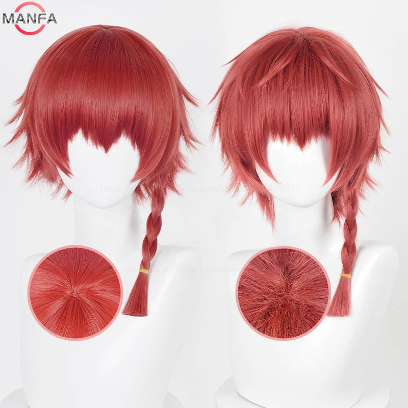 Kurona Ranze Cosplay Wig Anime Unisex Long 38cm Red Single Twist Braid Wig Heat Resistant Synthetic Cosplay Anime Wigs + Wig Cap