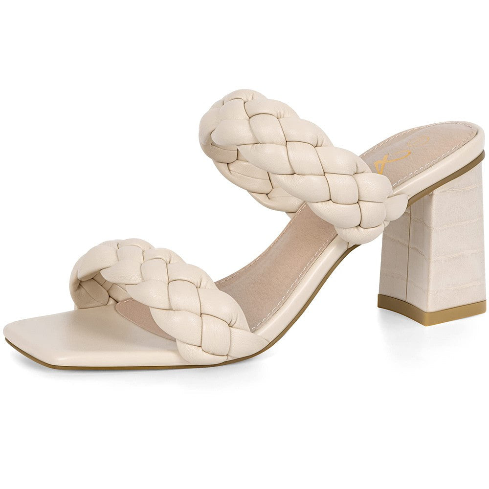 Elegant Women's Braided Heels Sandalias Fashion Strappy Square Sandals Open Toe Backless Mules Slip On Block Heeled Shoes