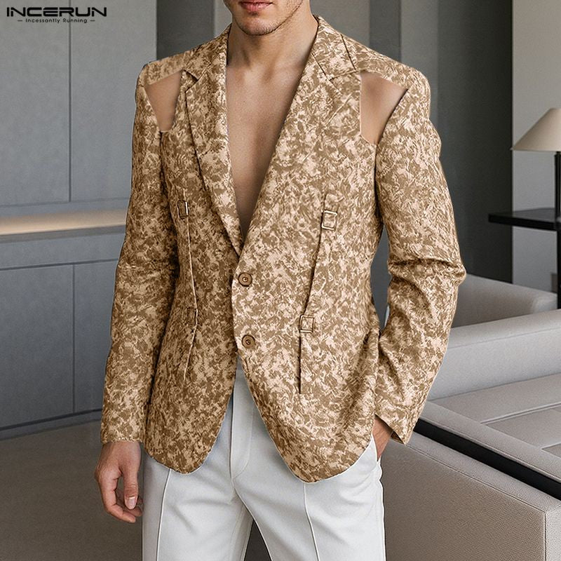 INCERUN Men Blazer Printing Hollow Out Lapel Long Sleeve Male Suit Streetwear Elegant Fashion Casual Thin Coats Men Blazer S-5XL