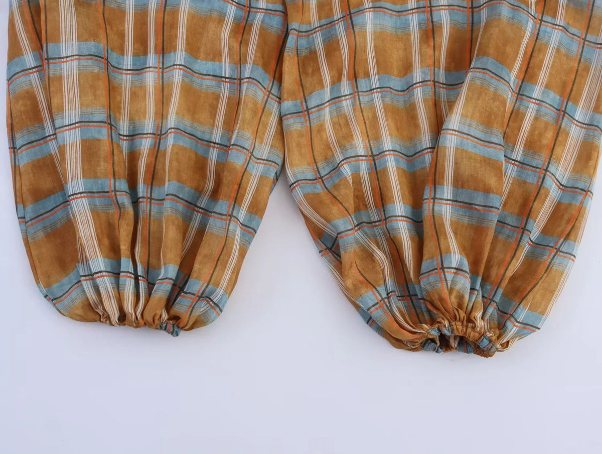 Women's 2025 Autumn Fashion Versatile Ramie Bloomers Plaid Printed Loose Pants Female High-Waist Drawstring Casual Trousers
