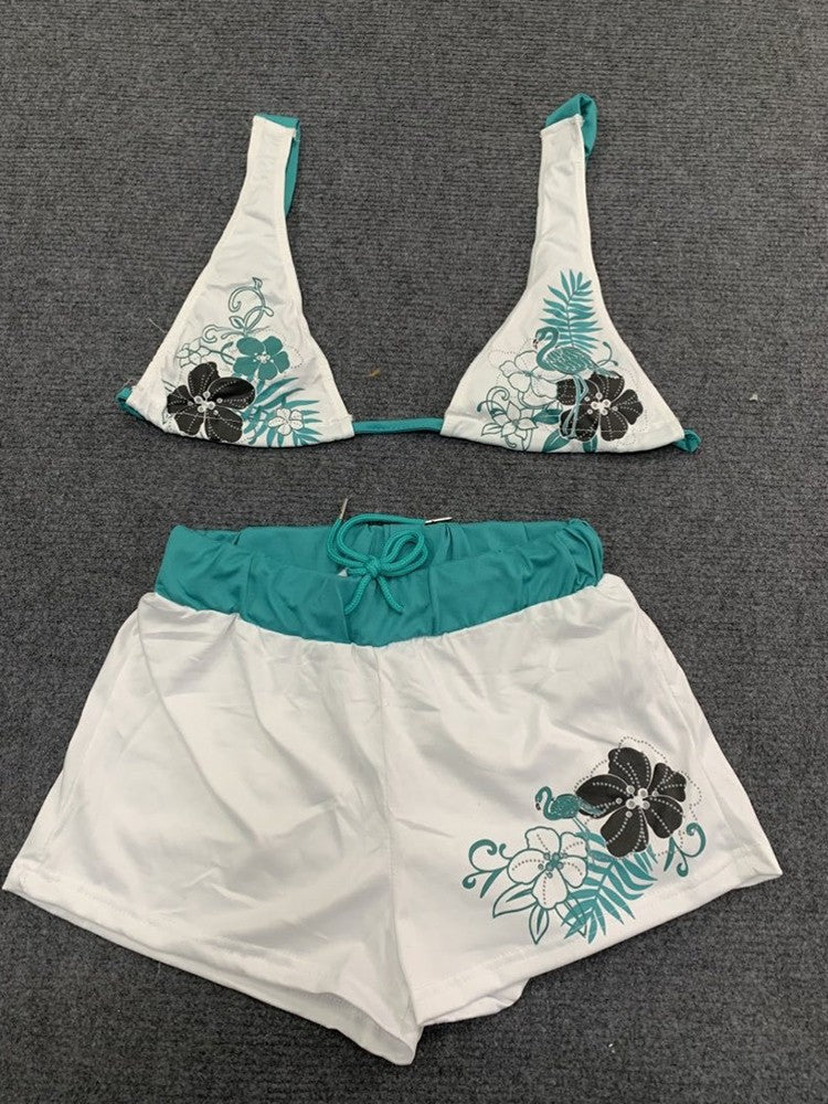 Summer Beach Ins Fashion Hot Sexy Ladies Split Two Piece Bikini Beautiful Vintage Contrast Flower Print Suspender Bra Shorts Set