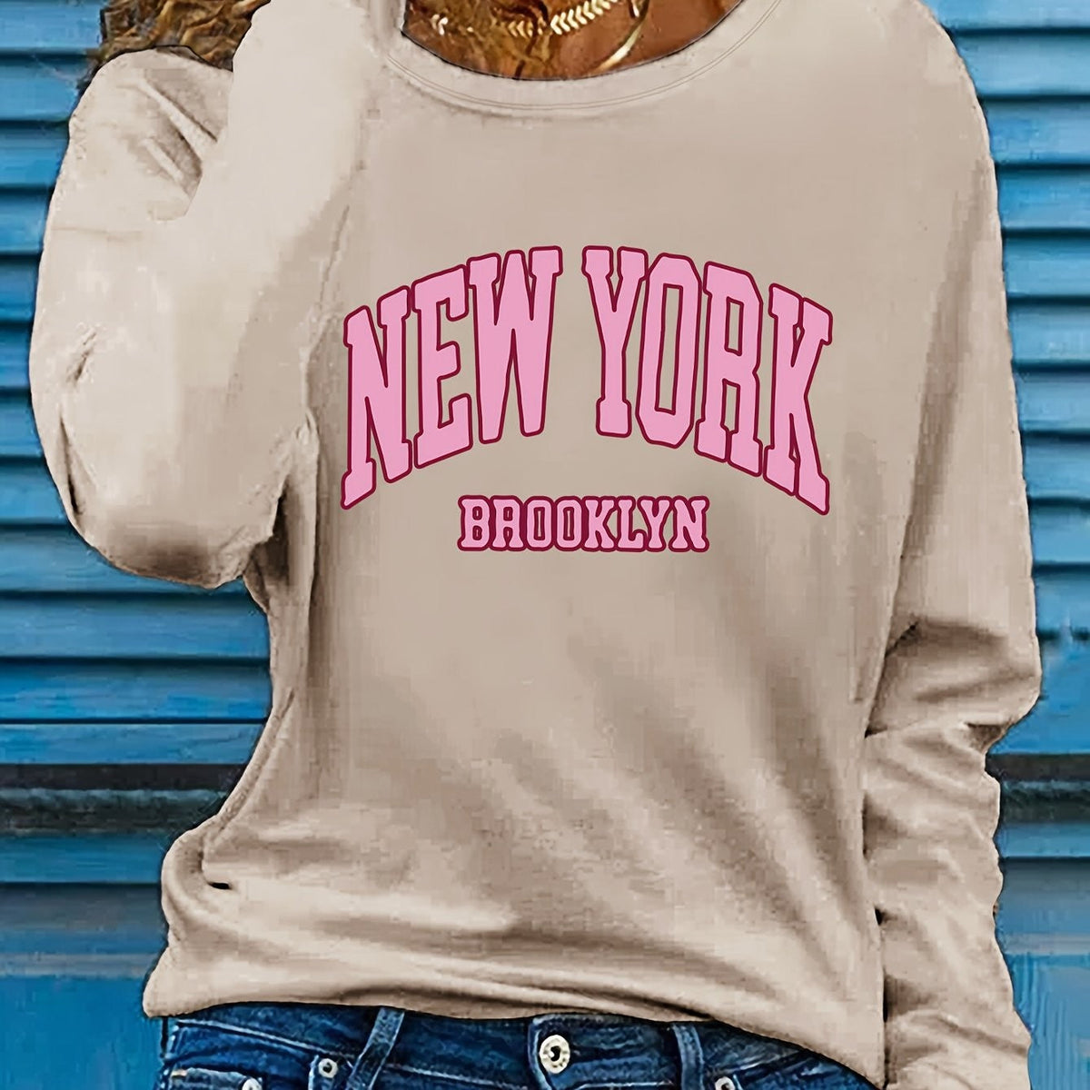Women's autumn and winter 100% pure cotton fashionable casual Brooklyn New York printed loose round neck long sleeved T-shirt