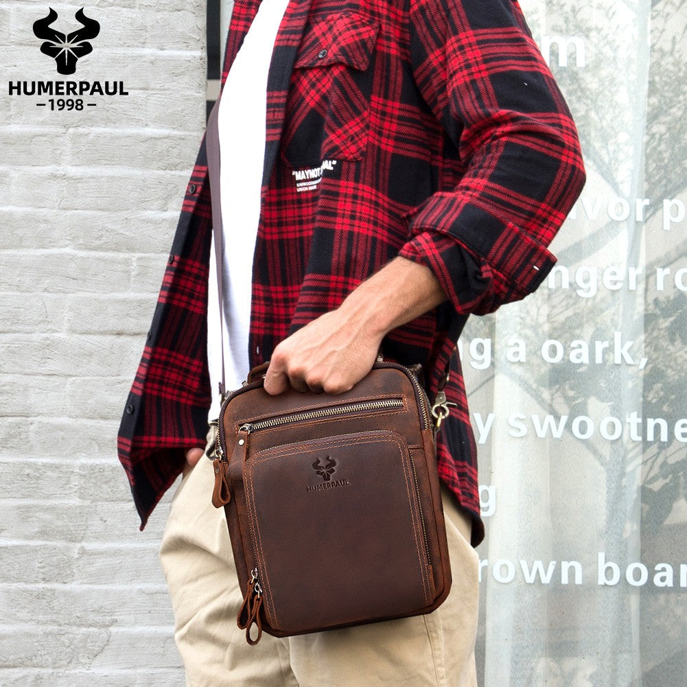 HUMERPAUL Genuine Leather Men's Shoulder Bag Vintage Cross Bags Large Capacity Male Messenger Tote Bag Travel Bolso Hombres