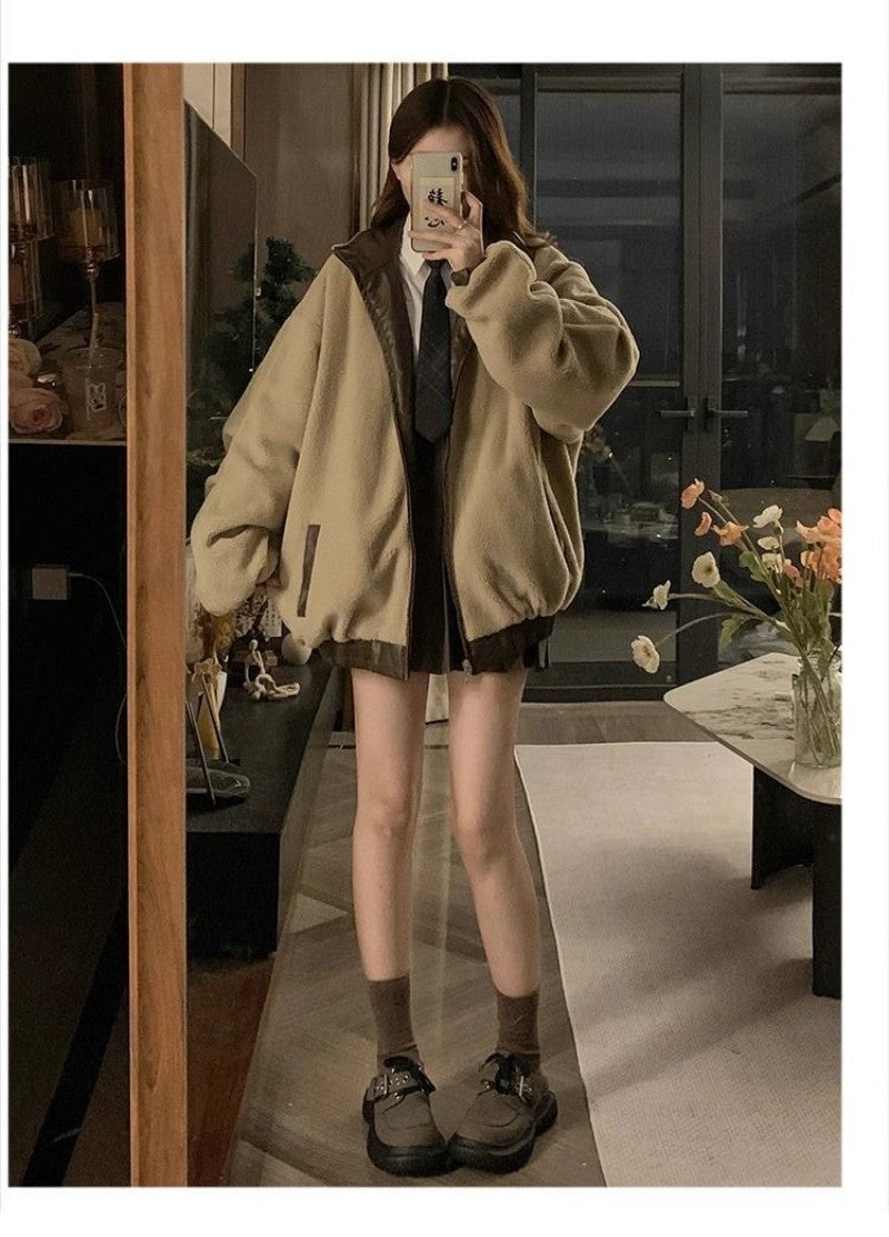 Maillard Fashion PU Leather Jacket With Lambswool Coat Both Sides Female Y2K Winter New Velvet Locomotive Cotton-padded Jacket
