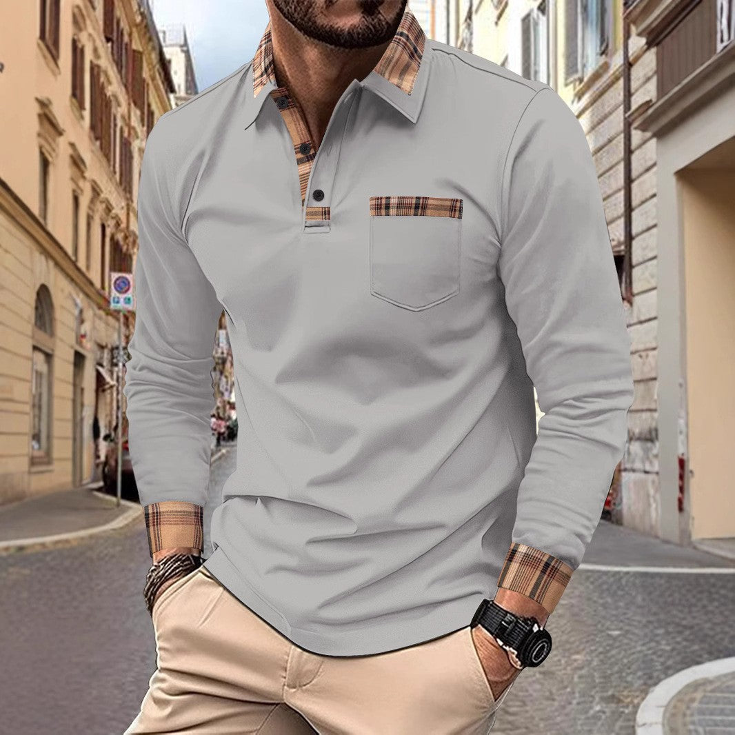 New men's casual spring and fall fashion plaid lapel long sleeve pocket comfortable party outdoor top polo shirt