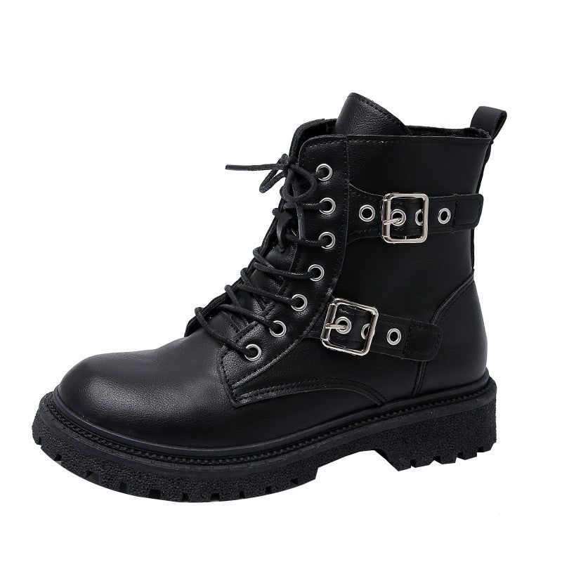 New Round Toe Fashionable Side Zipper Motorcycle Shoes Solid Color Elegant Warm Casual Lace-up Non-slip Women's Boots