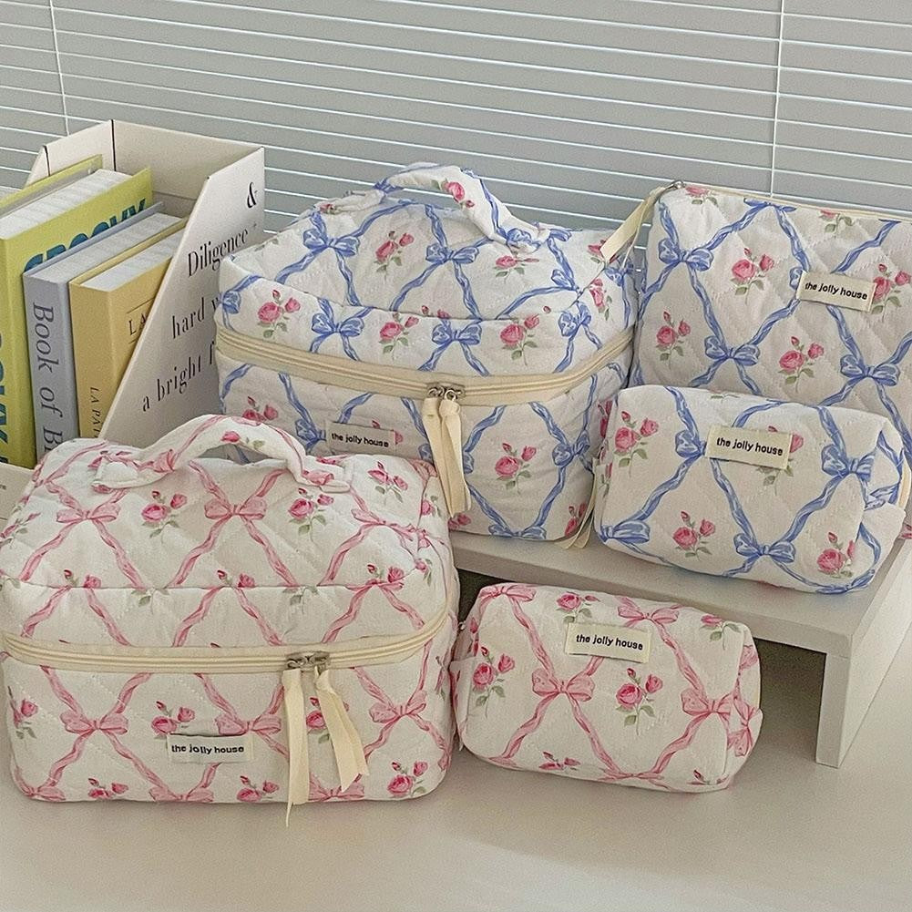 Cute Bow Flower Cloth Handbag Quilting Cotton Makeup Bag Women Zipper Cosmetic Organizer Portable Toiletry Case for Girls