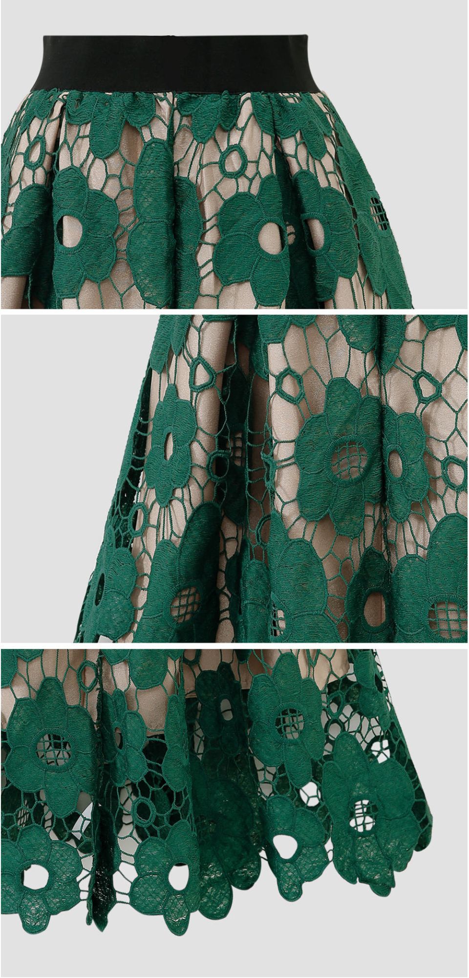 Summer Boho Lace Skirts Women Vintage Mesh Hollow Out Plus Size Skirt Elastic Waist Elegant A-Line Midi Saias Black Red Green
