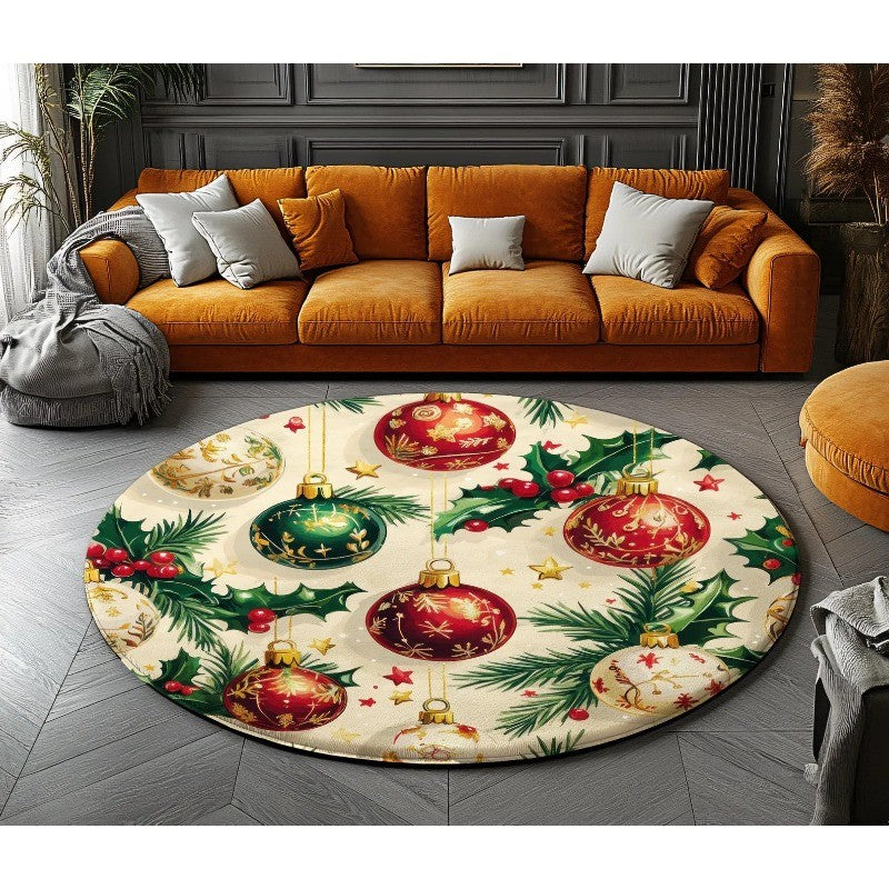 Round Christmas Carpet Festive Area Rug Non-Slip Wear-resistant Circle Carpet for Living Room Bedroom Soft Floor Mat Home Decor