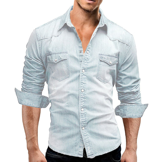 2024 Men's Spring Autumn Casual Shirts Solid Color Long Sleeve Lapel Denim Tops Button Shirts for Party