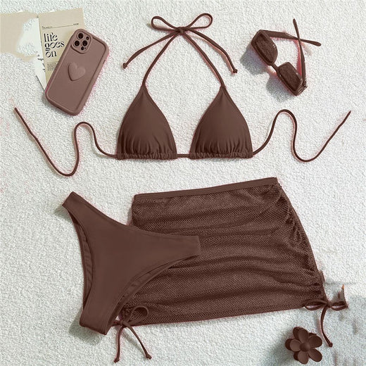 Solid Brown Swimwears String Halter Triangle 3 Piece Bikini Set Sexy Swimsuit Women 2025 Mesh Skirts Bathing Suit Bikinis Dames