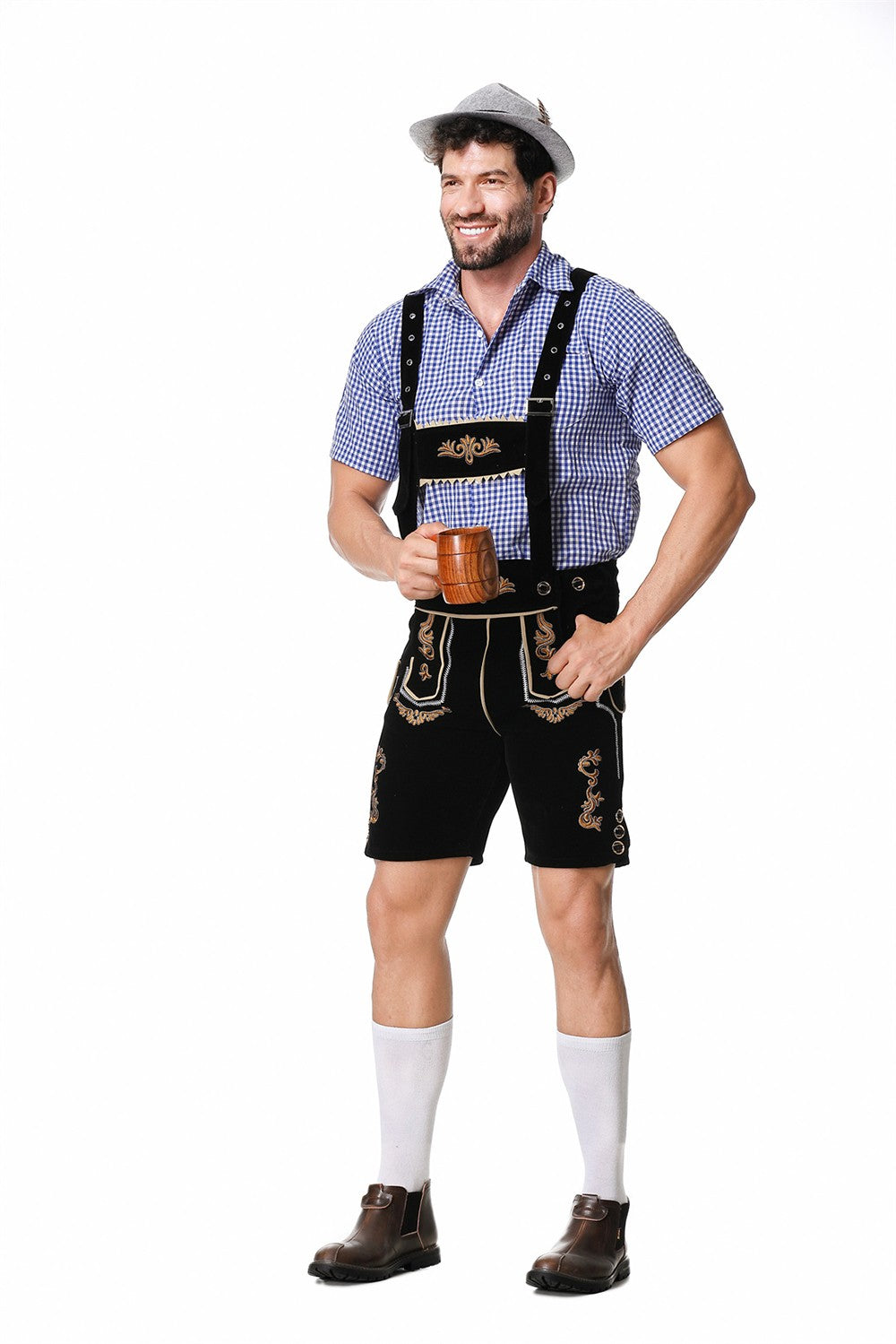 Male Oktoberfest Lederhosen Costume Bavarian Octoberfest German Beer Costume Shirt Suspender Shorts Hat Cosplay Costumes