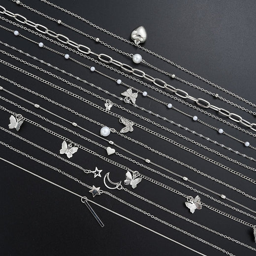 13Pcs/Set Simple Temperament Necklace Set Butterfly Pearl Heart Star Zircon Silver Color Necklace for Women Fashion Jewelry Gift