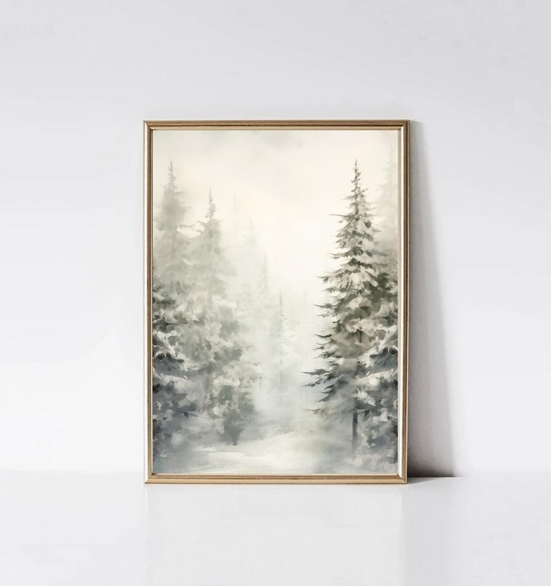 Santa Claus Christmas Tree Canvas Print Snow Landscape Paint Winter Christmas Wall Art Poster for Modern Living Room Home Decor