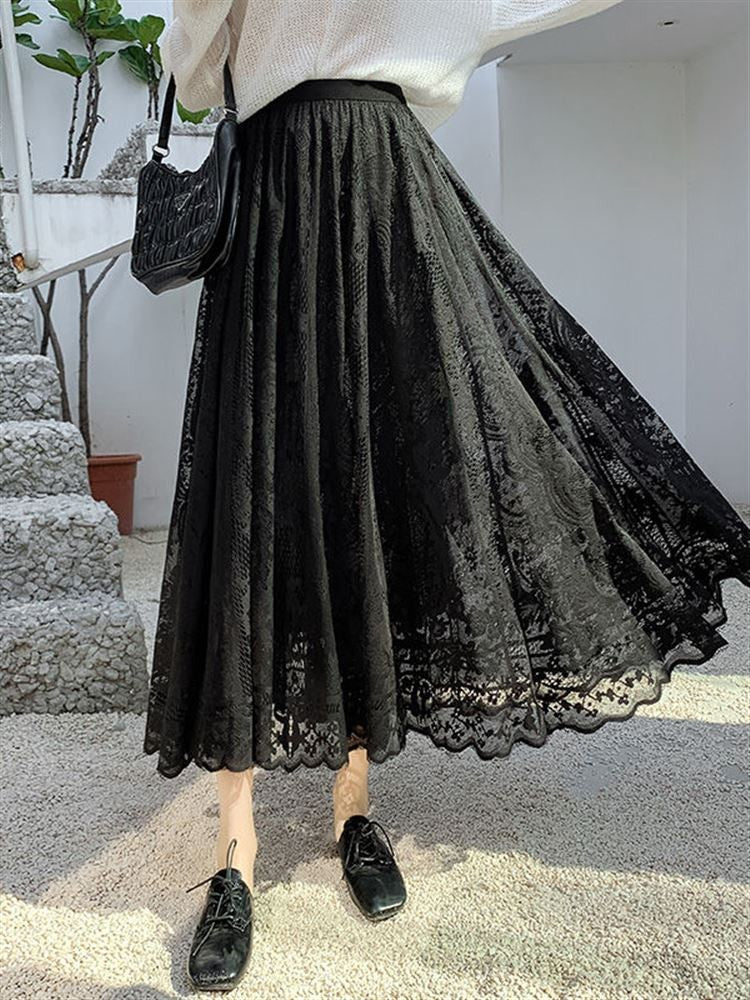 Plus Size plus Size Lace Hollow out f Skirt mid Waist Long Sle Fairy Skirt A-Line Umbrella Skirt Trendy Women's Clothing