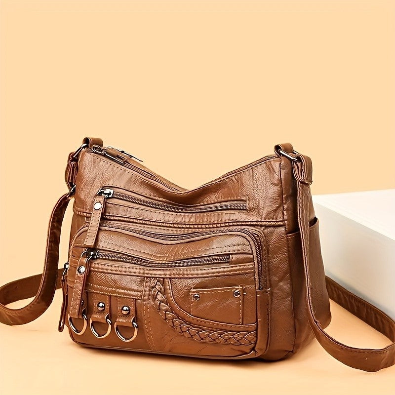 Vintage PU Crossbody Bag, Retro Multi Layer Shoulder Bag, Women's Fashion Handbag & Purse, Female Work Travel Messenger Bag