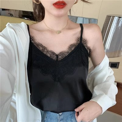 2024 Summer Tank Tops Lace Silk Blouse Women Tops Korean Fashion New Ladies Tops White Camis Basic Blouses for Women Corset Top