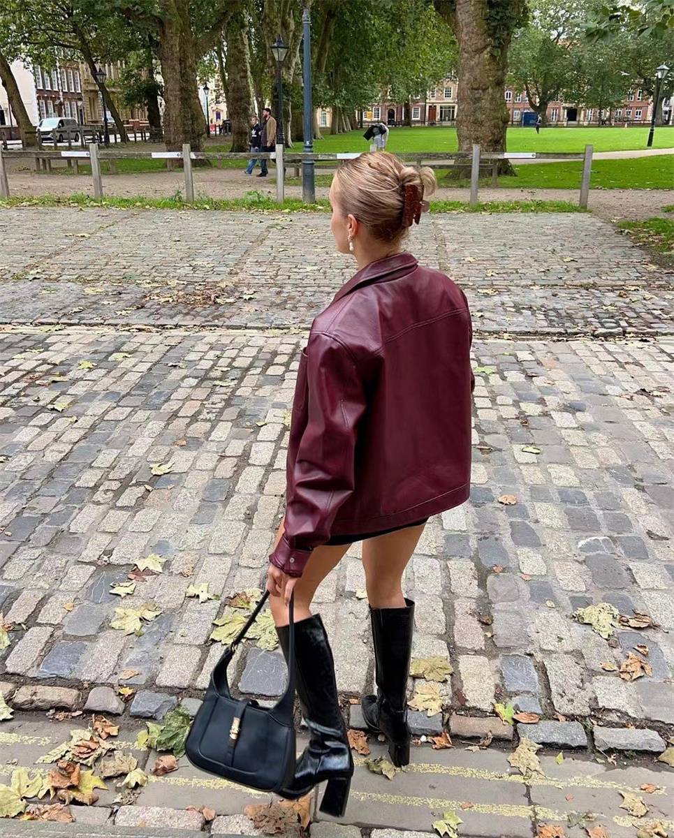 Women Vintage Wine Red Faux Leather Jakcet Fashion Outerwear Zipper Lapel Pu Coats Autumn Winter Streetwear Ladies Short Tops