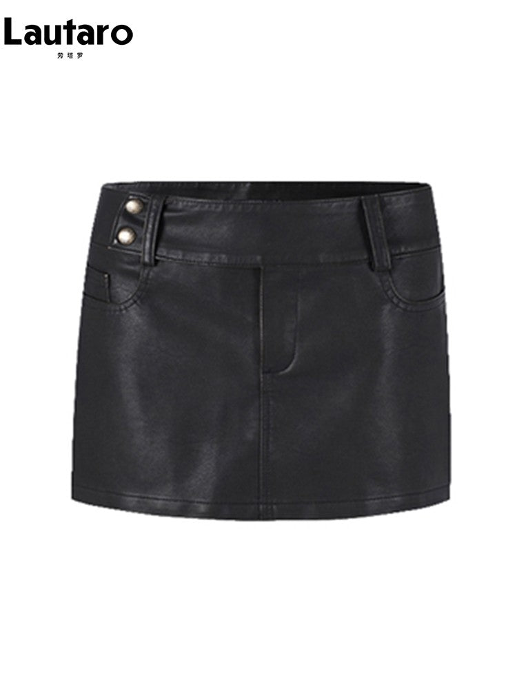 Lautaro Spring Summer Black Mini Skirt Women with Low Waist Short Distressed Pu Leather Skirts for Woman 2024 Gyaru Clothes