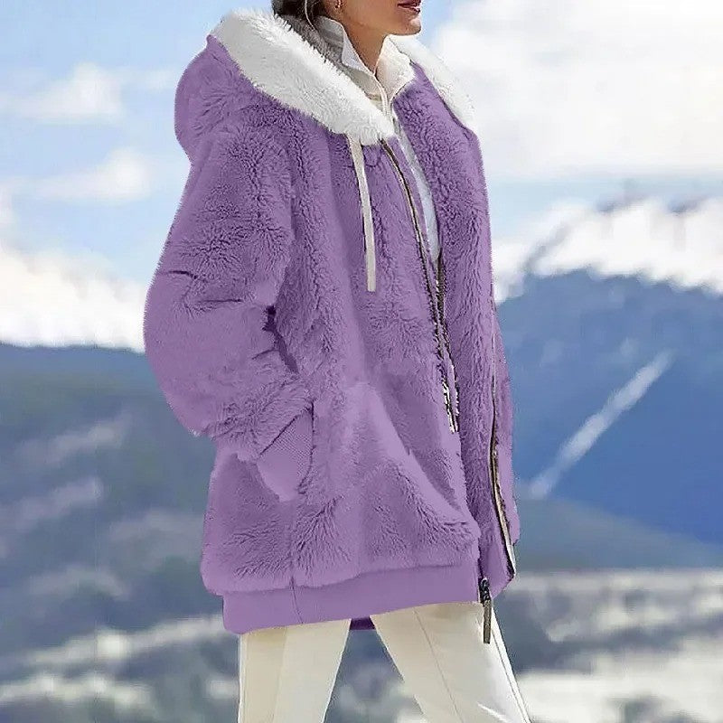 2024 Winter Warm Women Jackets Plush Casual Loose Fleece Plaid Y2K Hooded Zipper Fashion Cashmere Warm Solid Color Ladies Coats