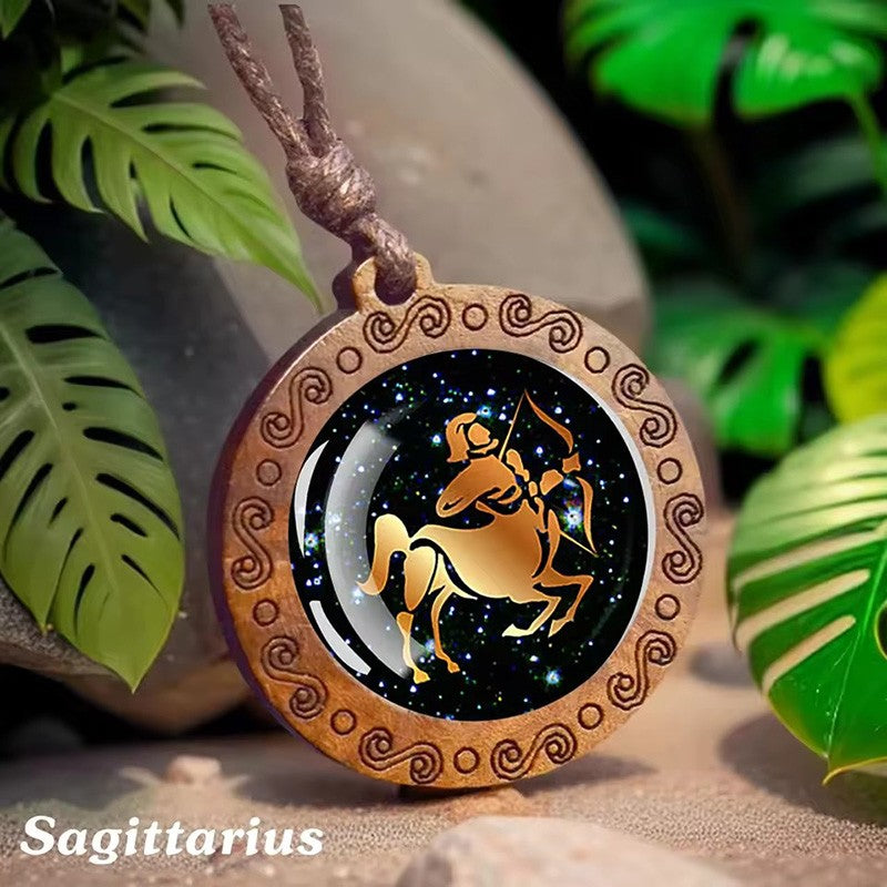 Vintage 12 Zodiac Sign Glass Wooden Necklace Adjustbale Long Rope Chain Necklace Constellation Jewelry