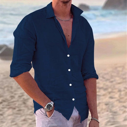 New Men's Cotton and Linen Long Sleeve Shirt Fashion Casual Lapel Beach Shirt Solid Color Hawaiian Vacation Shirt