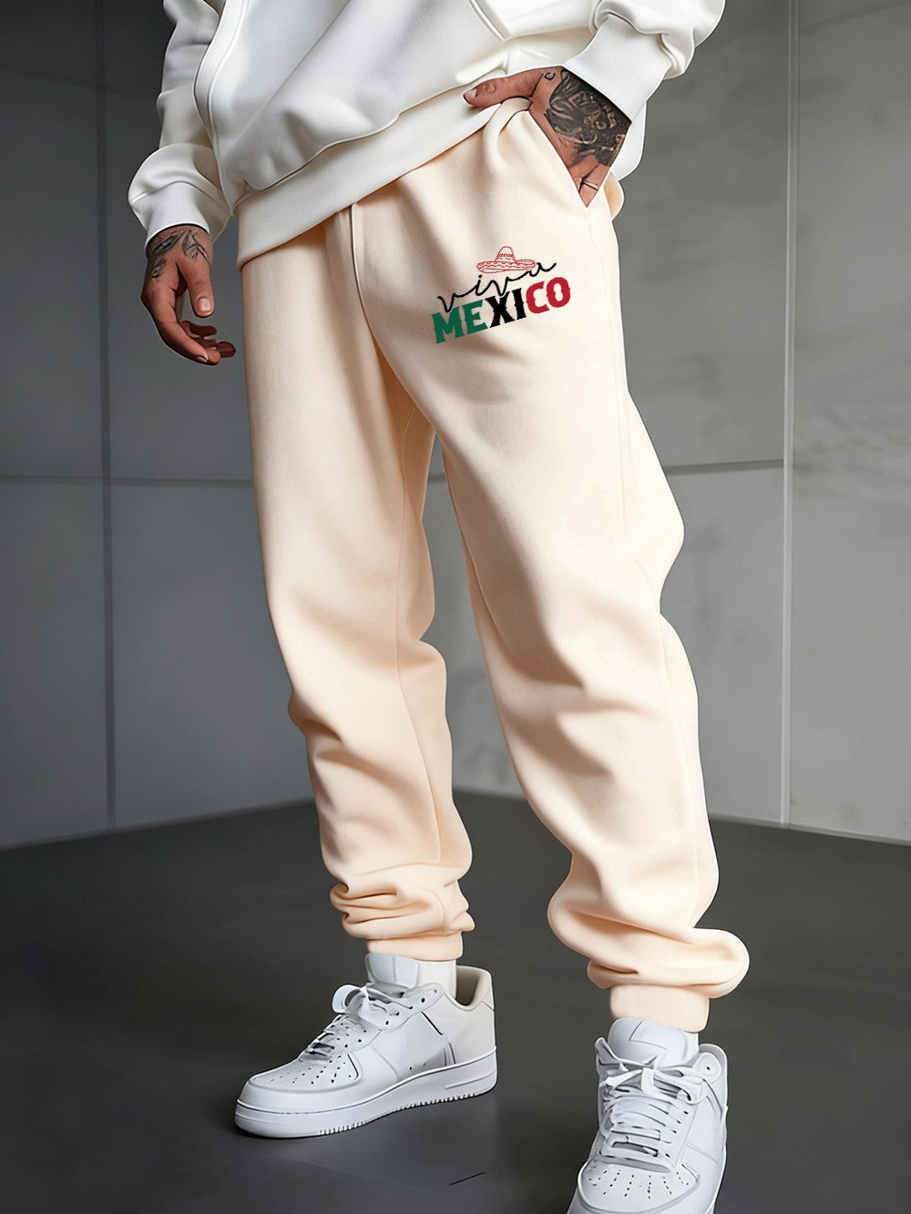 Mexico Creative Letter Prints Sweatpants Mens Casual Trousers Elastic Waist Loose Pocket Jogger Pants Autumn Fleece Warm Clothes