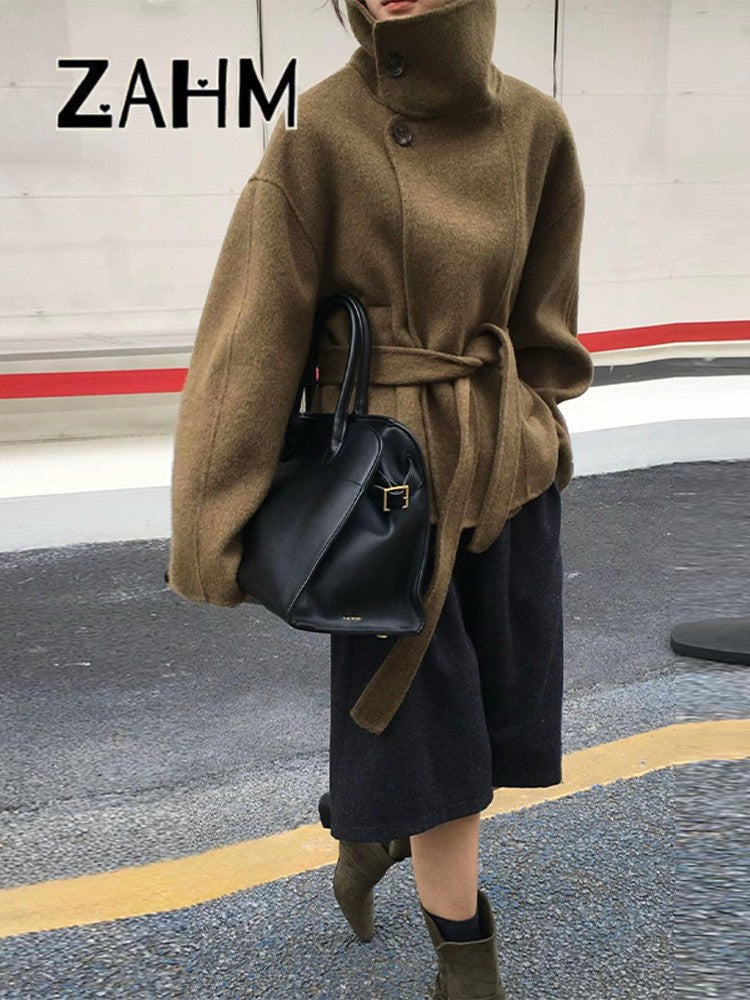 Woolen Solid Women Coat Fashion Belt Patchwork Lace Up Full Sleeve Lapel Lady Jacket 2025 Autumn Winter Female Loose Streetwear