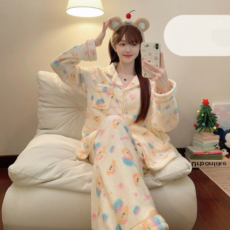 Winter Pajamas Lapel Neck Women's Pajamas Long Sleeve Kawaii Dog Warm Sleepwear Harajuku Style Cute Casual Pajamas Two-Piece