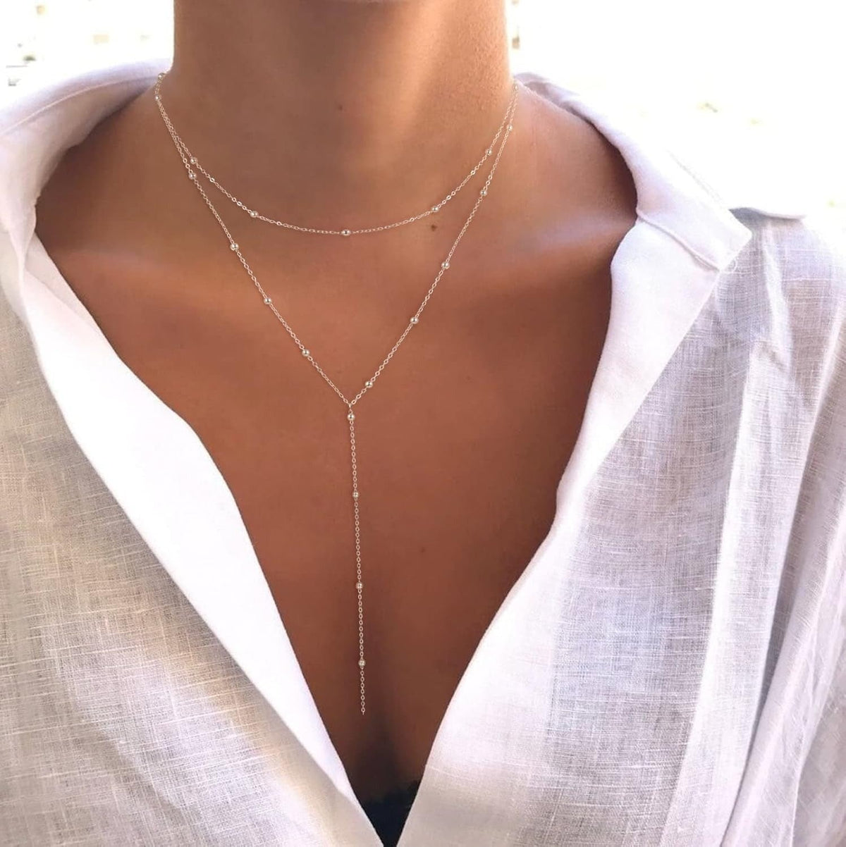 Gold Necklace for Women 14k Gold Plated/Silver Y-Shaped Pendant Necklace Layered Beaded Chain Drop Necklaces For Women Gift
