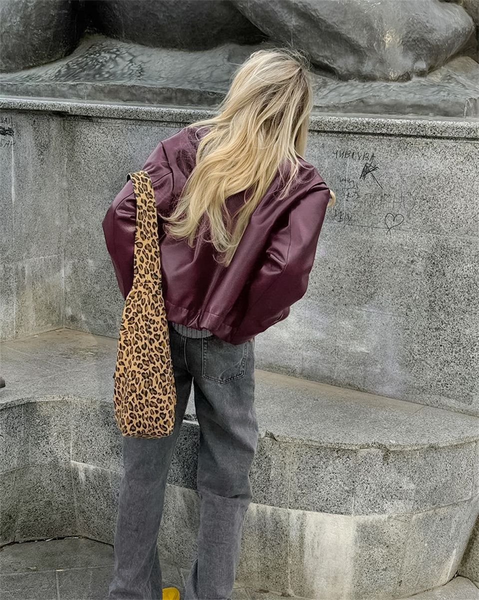Women Vintage Wine Red Faux Leather Jakcet Fashion Outerwear Zipper Lapel Pu Coats Autumn Winter Streetwear Ladies Short Tops