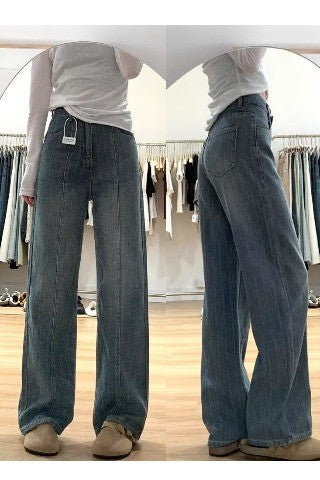 Retro Textured Wide Leg Denim Jeans Loose Drapey Straight Long Trousers for Women High Waist Casual Sle Spring Season