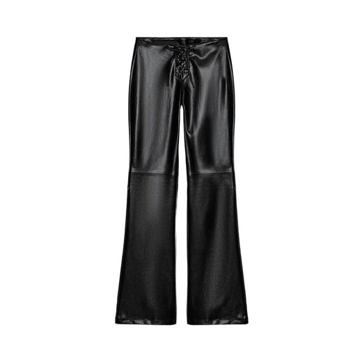 2026 New Solid Black Leather Long Pants For Women Y2K Casual Tie Up Drawstring Flared Trousers Female Chic Street Bell-bottoms