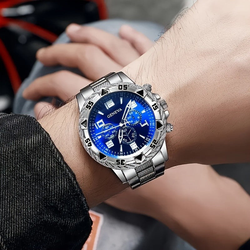 4pcs fashionable men's quartz watch - stainless steel strap, round zinc alloy case, electronic sports