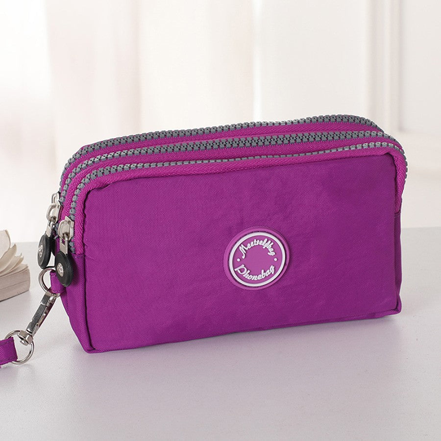 Daily multi-functional ladies handbag three-layer zipper large capacity mobile phone bag pure color coin purse key storage bag