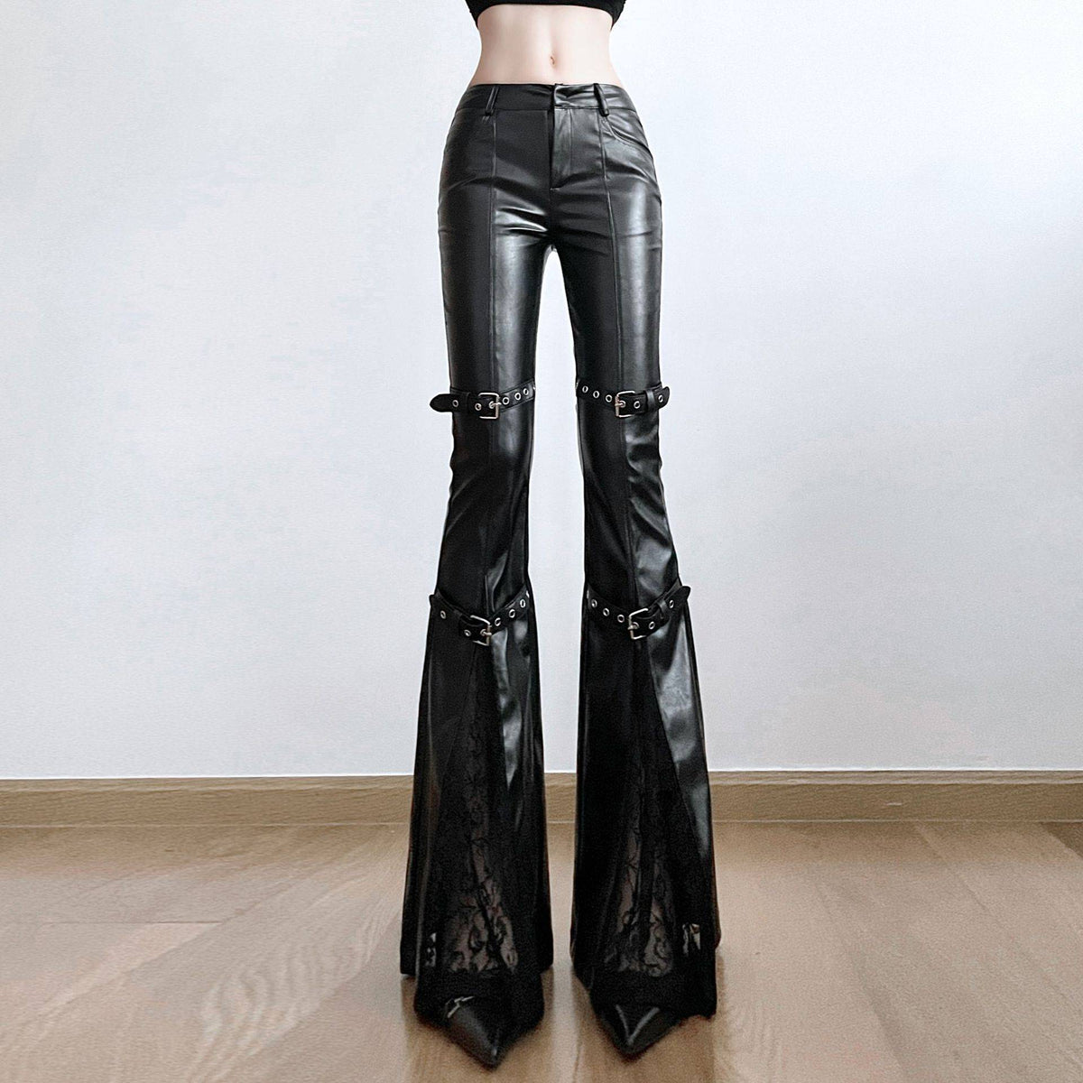 PU Leather Flare Pant Goth Buckle Lace Patchwork Pants Women Fashion Y2K Streetwear Vintage Aesthetics Casual Pants Trousers