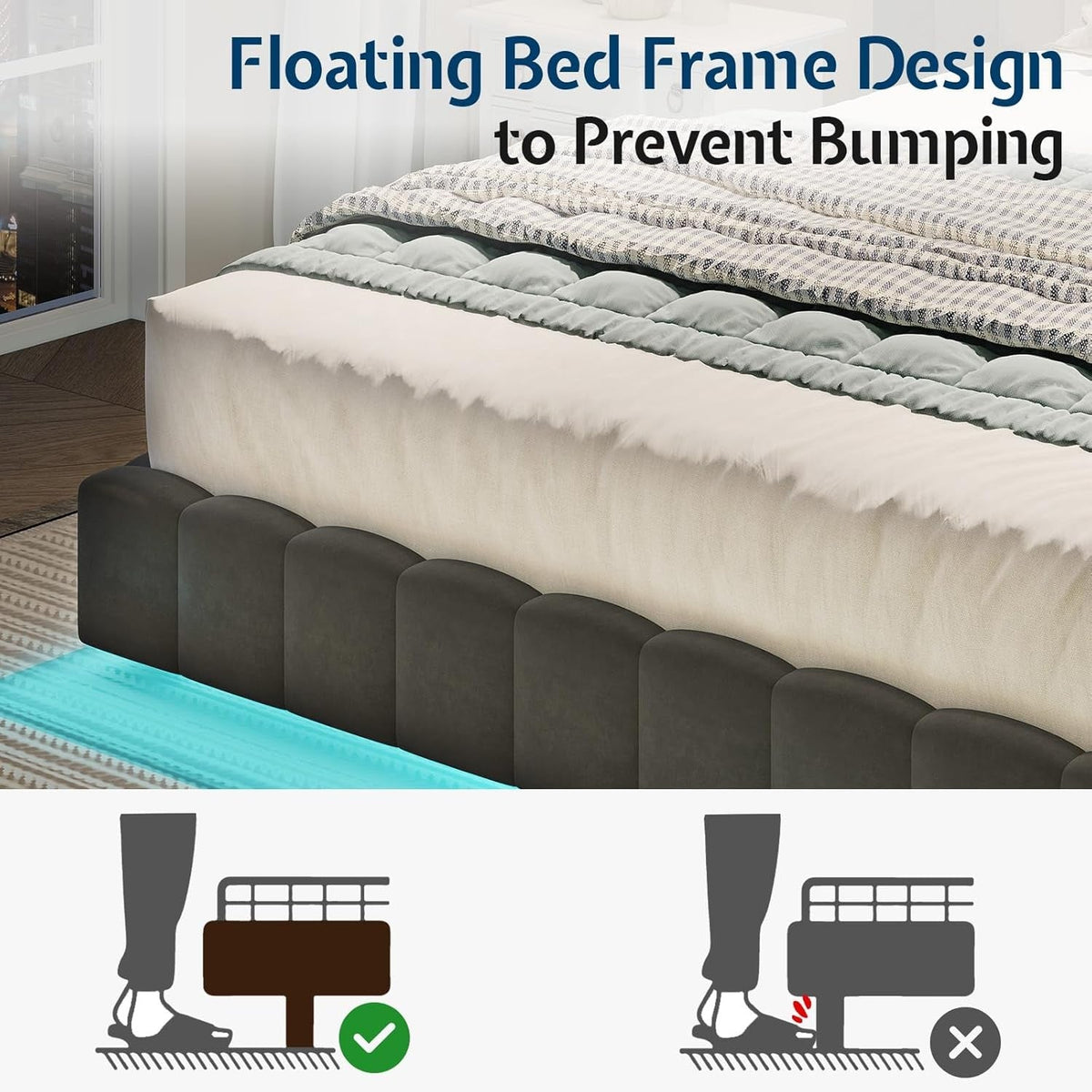 Queen Bed Frame with LED Lights and Upholstered Oversized Headboard, Modern Velvet Platform with Floating Design, No Box