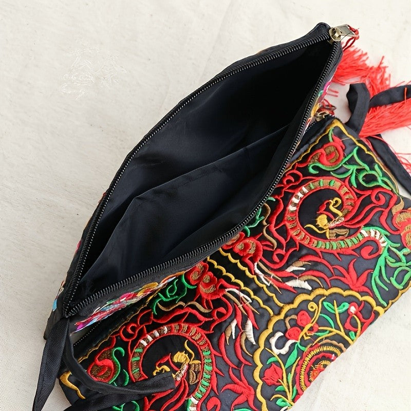 Ethnic Floral Embroidery Long Wallet Wristlet Clutch Bag Phone Vintage Embroidered Wristlet Clutch Evening Bag Wallets for Women