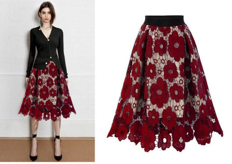 Summer Boho Lace Skirts Women Vintage Mesh Hollow Out Plus Size Skirt Elastic Waist Elegant A-Line Midi Saias Black Red Green