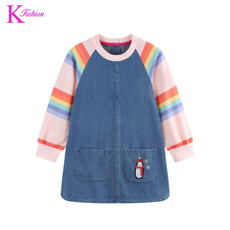 New Girls' Dress Round Neck Children's Princess Dress Denim Fabric Toddler Kids Clothing 4-8Y