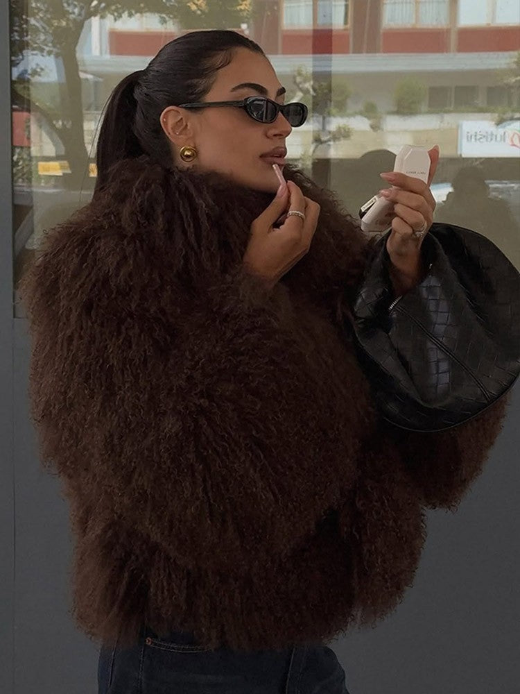 Fashion Solid Plush Faux Fur Coat Women Elegant Warm Long Sleeves Loose Jacket 2025 Lady Winter Chic High Street Outerwear ?