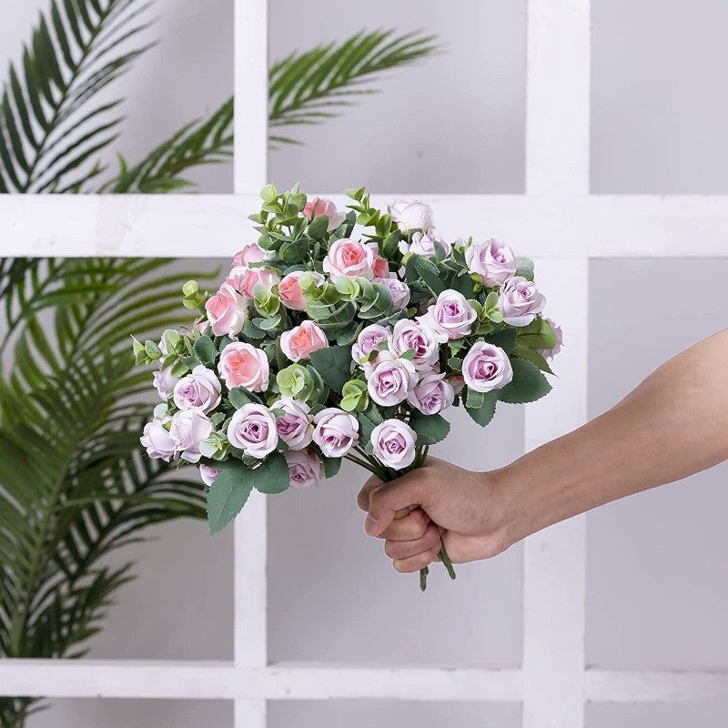 10 Heads pink Artificial Silk Rose Flowers Fake White Eucalyptus Peony Flower Bouquet, for Home Wedding Party Garden Decoration
