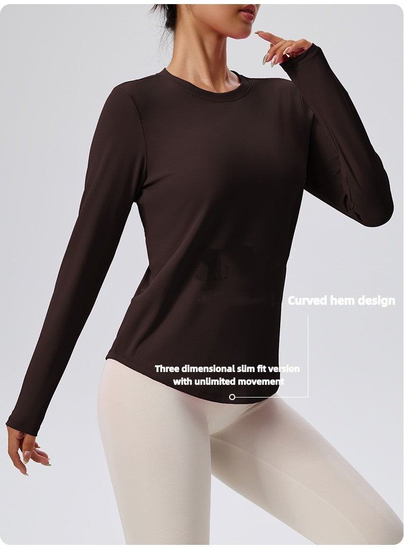 Naked Spring and Autumn Round Neck Fitness Yoga Clothing, Slimming and Slimming Base, Sports Top, Pilates Long Sleeve, Female