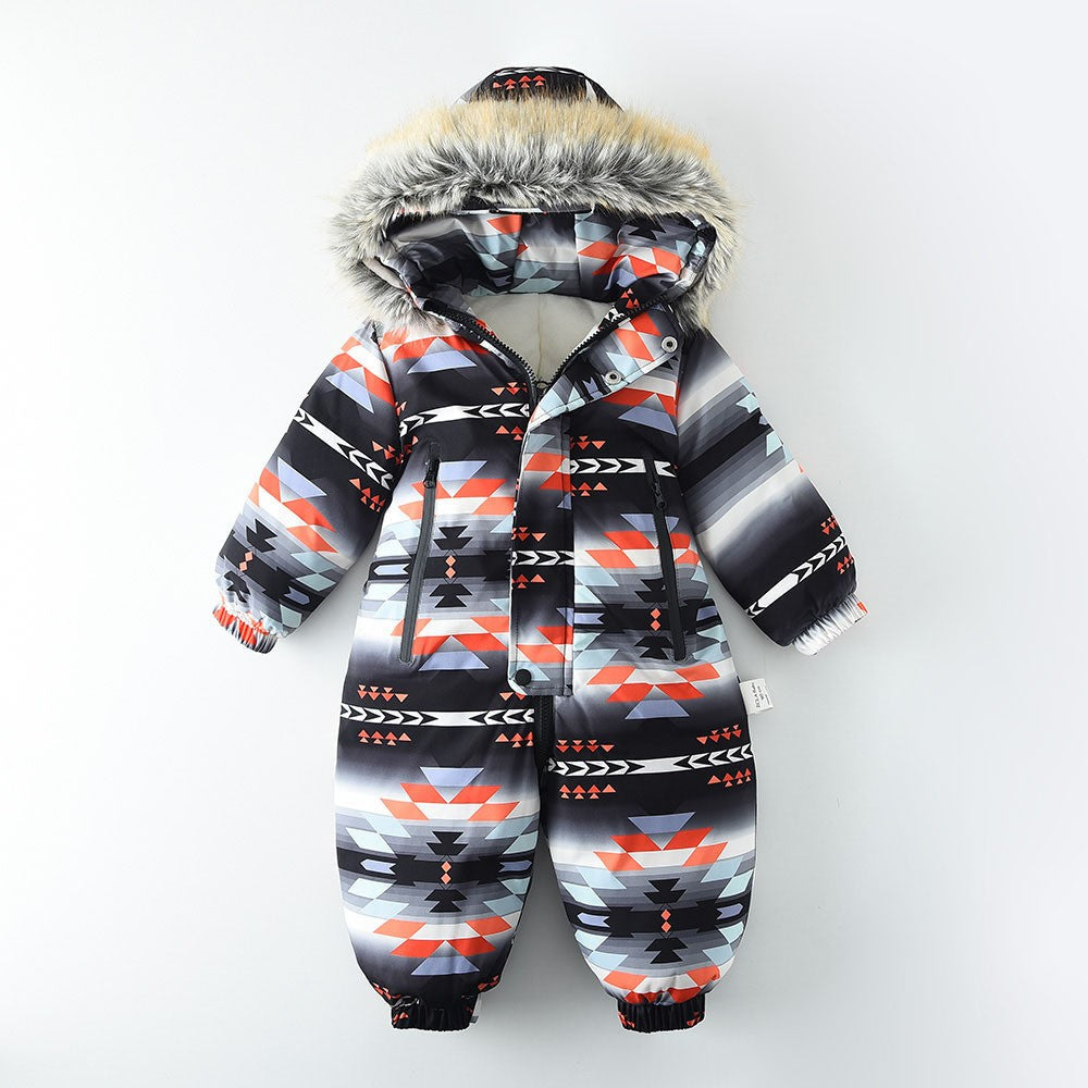 YBFSKID Kids Boys Winter Rompers Geometric Pattern Plush Thick Toddler Baby Boys Ski Suit Fur Collar Little Boys Jumpsuit Outfit